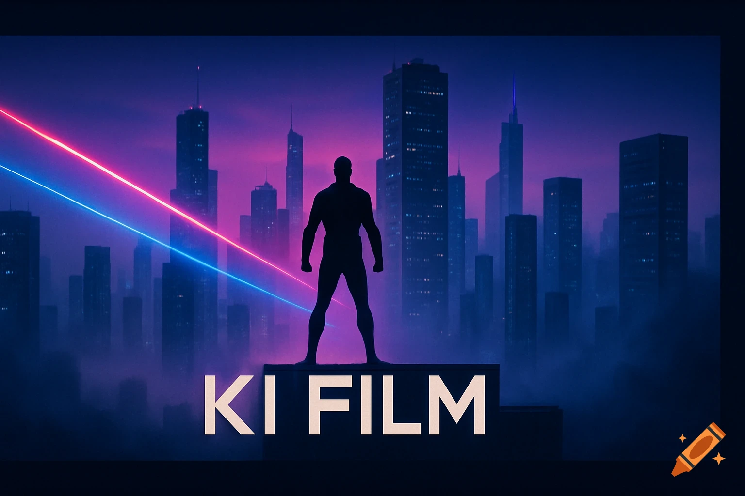Silhouette of a figure standing before a futuristic city skyline with neon lights and 'KI FILM' text, in a movie poster style.