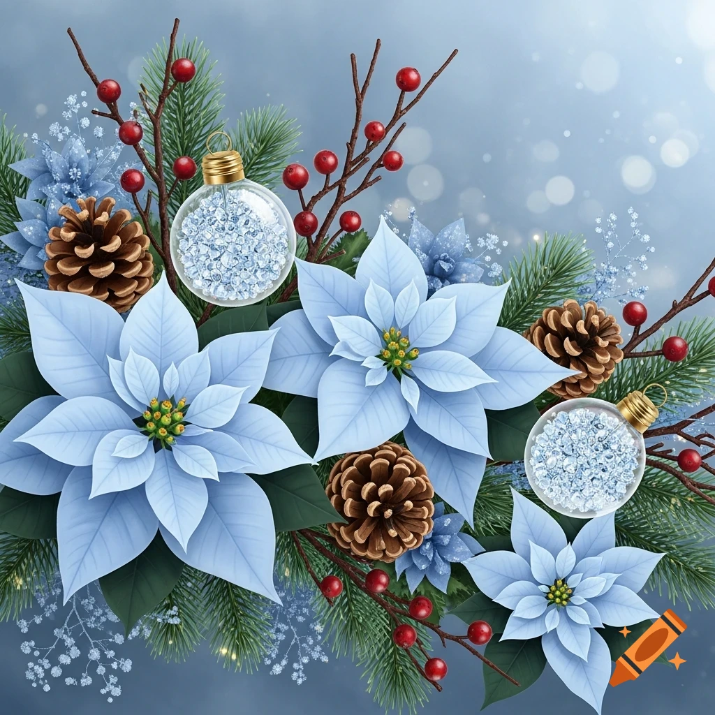 A festive arrangement of light blue poinsettias, pine needles, red berries, pine cones, and clear glass ornaments with crystals.