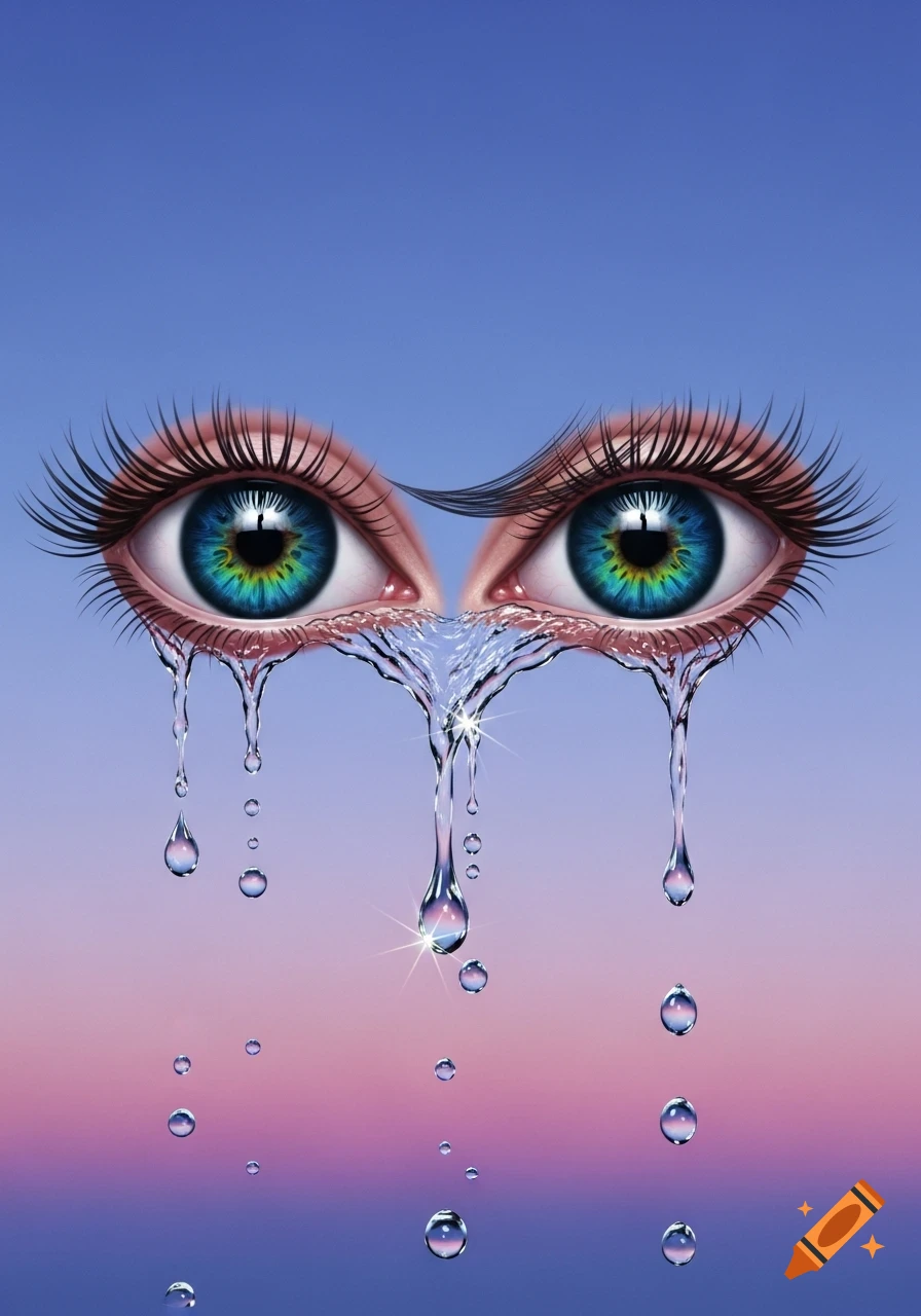 Two blue-green eyes with long lashes are depicted closely, with water droplets streaming downwards, against a blue and pink gradient background.