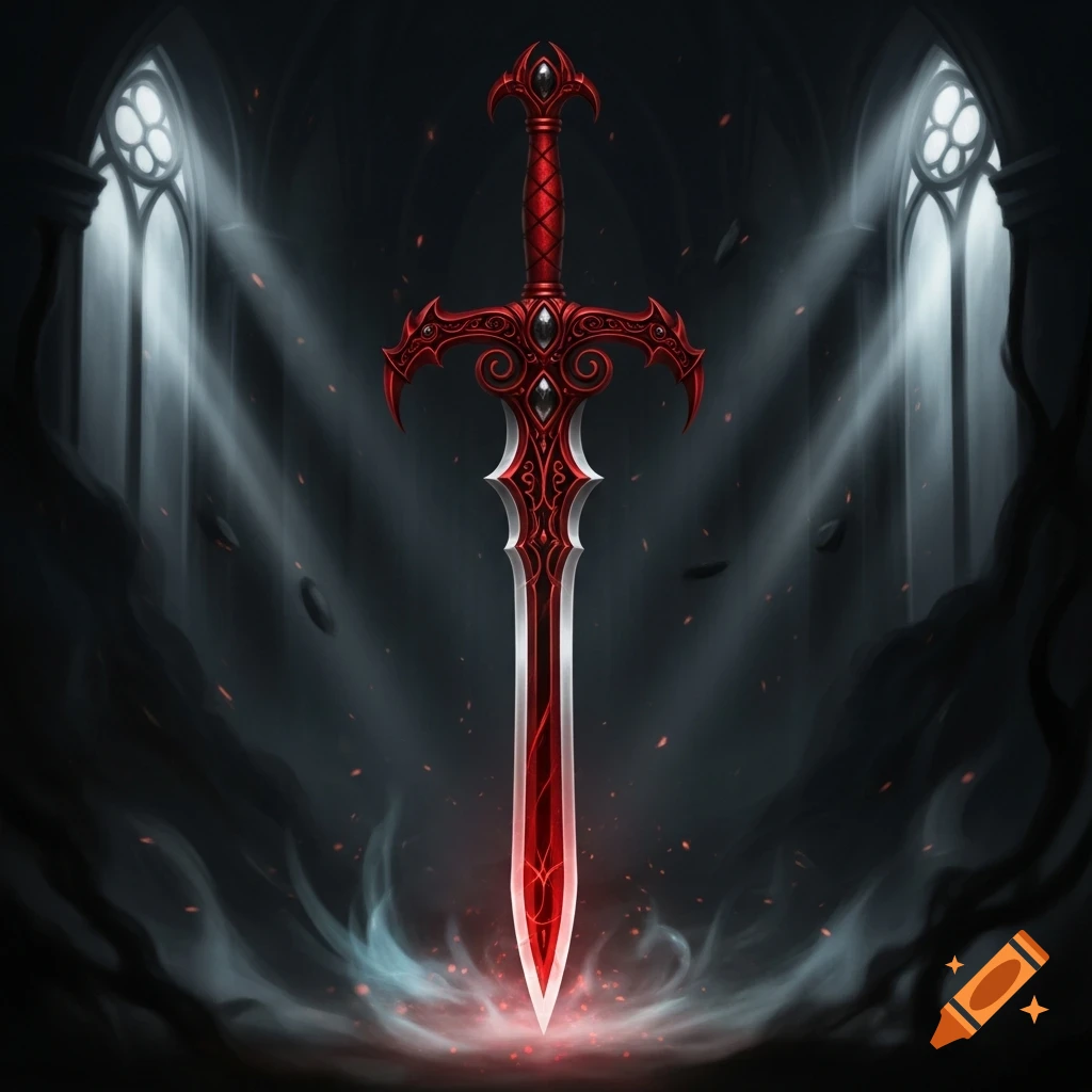 A stylized red gothic sword with intricate details stands upright, glowing faintly, in a dark, atmospheric chamber with light rays shining through arched windows.