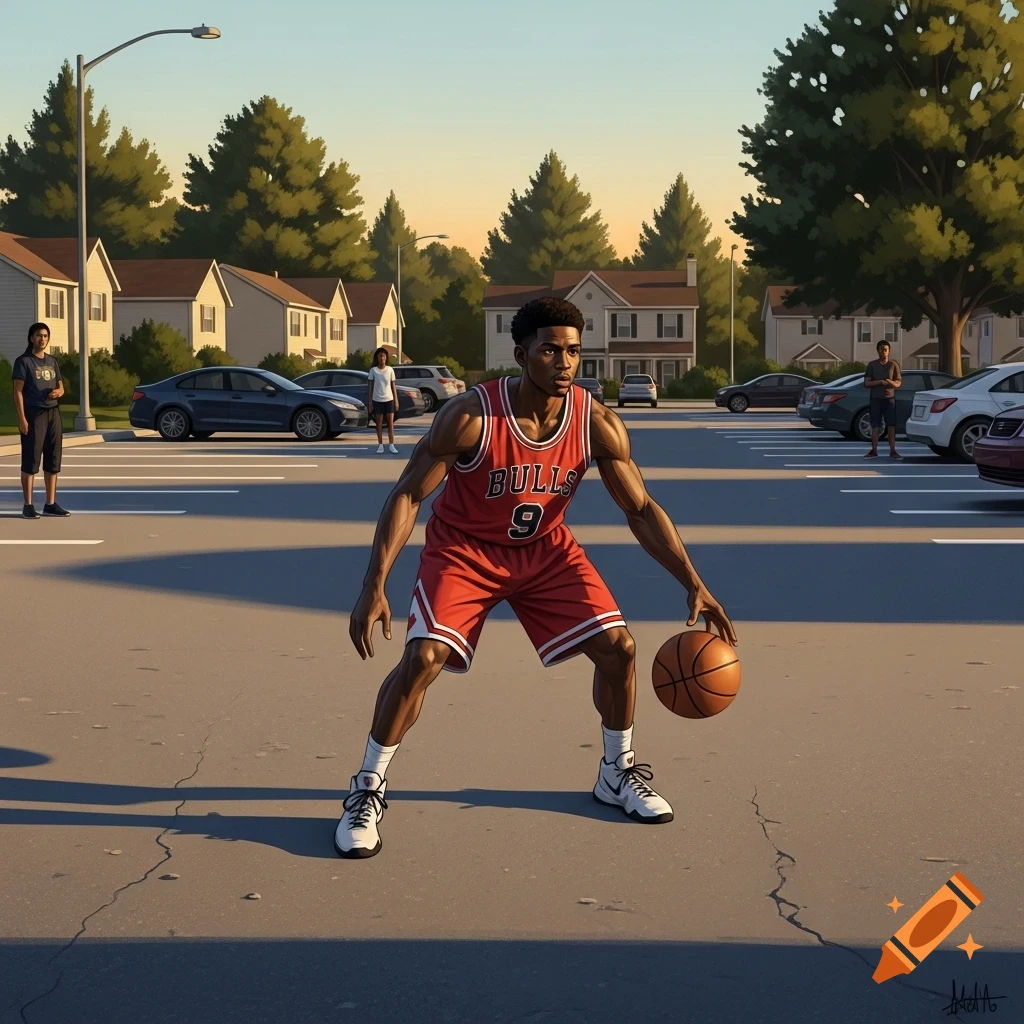 An illustrative image of a male basketball player in a red jersey dribbling a ball in an asphalt parking lot with suburban houses and cars in the background.
