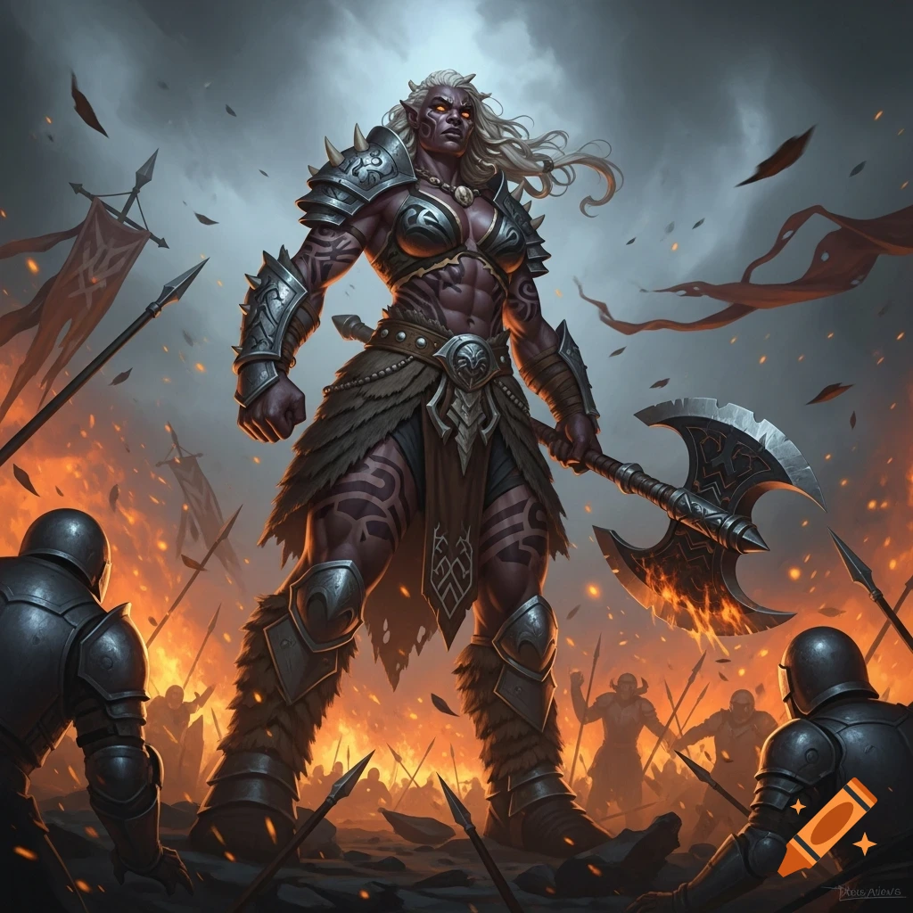 A raging female goliath barbarian stands triumphantly on a battlefield engulfed in fire in dramatic fantasy art.