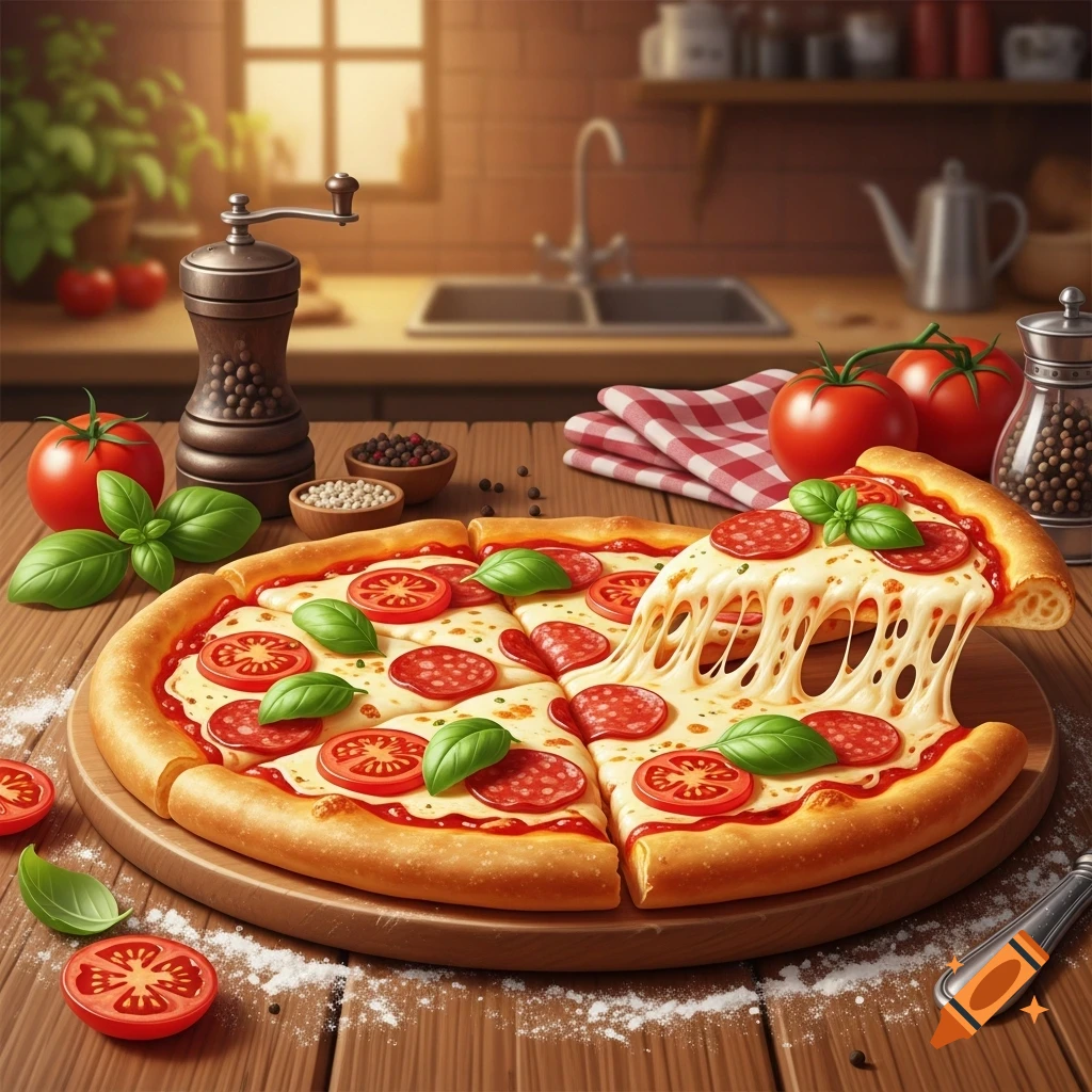 Photorealistic pepperoni and tomato pizza with a cheese pull, on a wooden board in a kitchen with fresh ingredients.