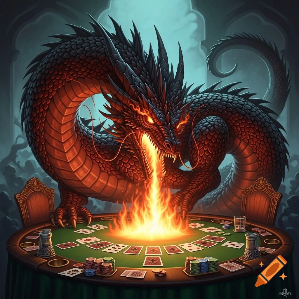 A black and red fire-breathing dragon encircles a poker table filled with cards and chips in a detailed fantasy art style.