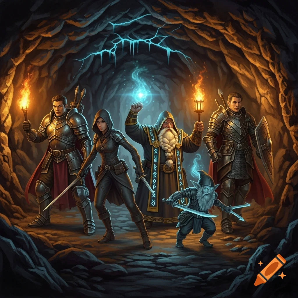 A team of fantasy adventurers, including paladins, a human rogue, a dwarf priest, and a gnome rogue, stand in a torchlit cave.