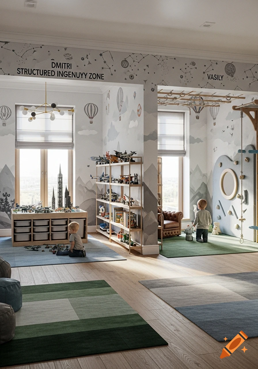 A bright children's play and activity room with two young boys. One plays with LEGOs, the other at a climbing wall. Walls feature mountain and hot air balloon murals.