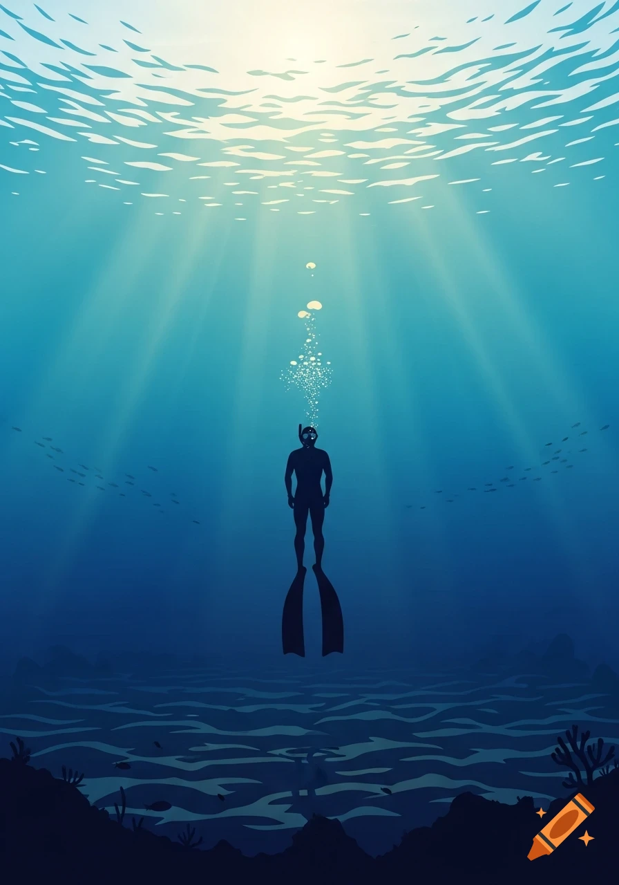 A stylized illustration of a freediver in silhouette, ascending in deep blue water towards a sunlit surface, with bubbles trailing above.