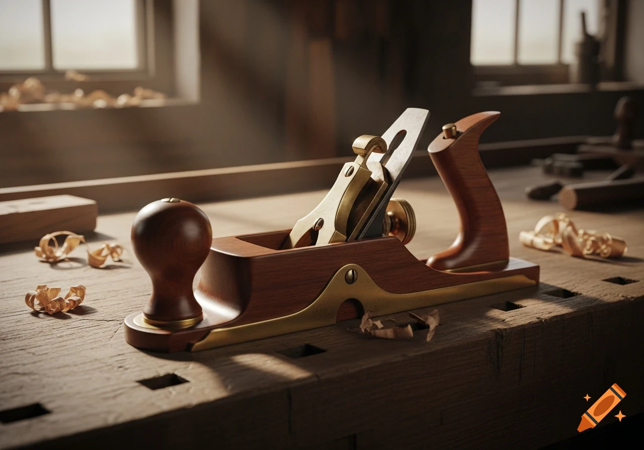 Photorealistic image of an antique wooden hand plane with brass accents on a workbench, surrounded by wood shavings, bathed in sunlight from a window.