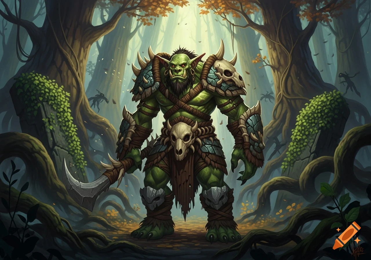 A strong, green-skinned orc warrior wearing skull armor and holding a curved blade stands in a vibrant fantasy forest.