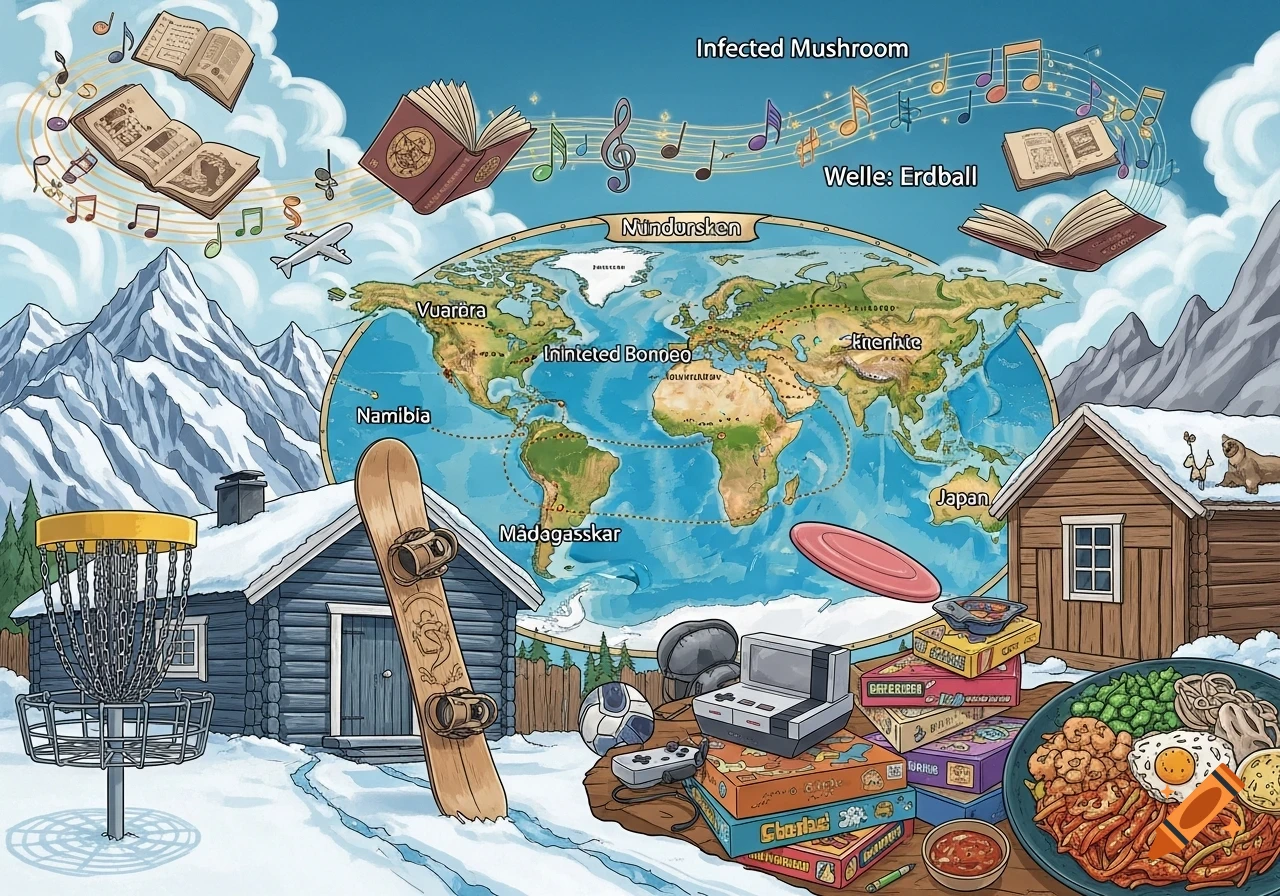 A whimsical cartoon illustration with a world map at its center, surrounded by snow-covered mountains, cabins, a snowboard, disc golf basket, various board games, a Nintendo console, flying books with music notes, and a plate of Korean food.