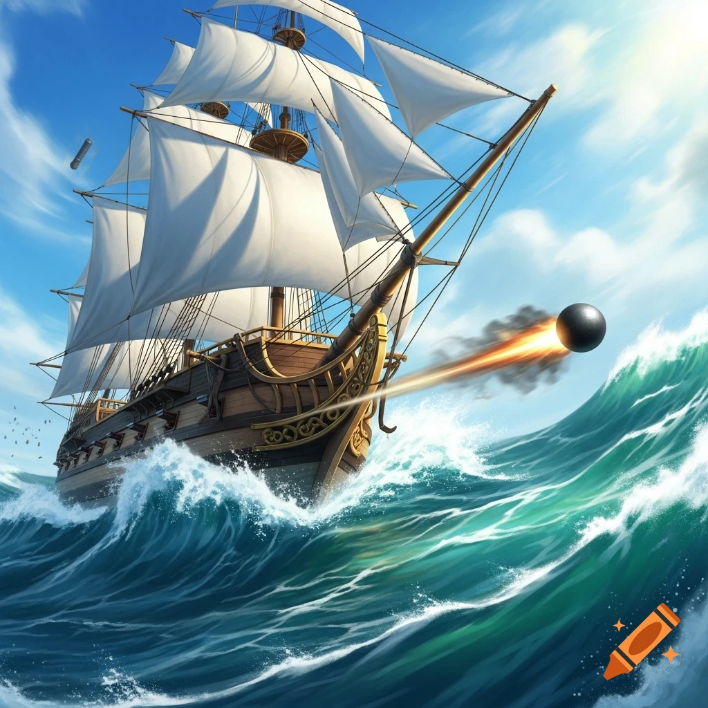 An ornate wooden sailing ship with white sails rides turbulent ocean waves as a cannonball fires past its bow under a blue sky.