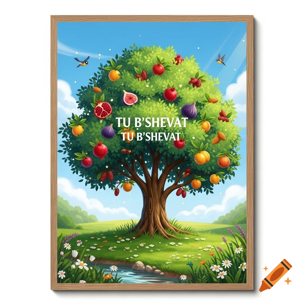 Stylized illustration of a fruit-laden tree in a green field with a stream and birds, featuring "TU B'SHEVAT" text.
