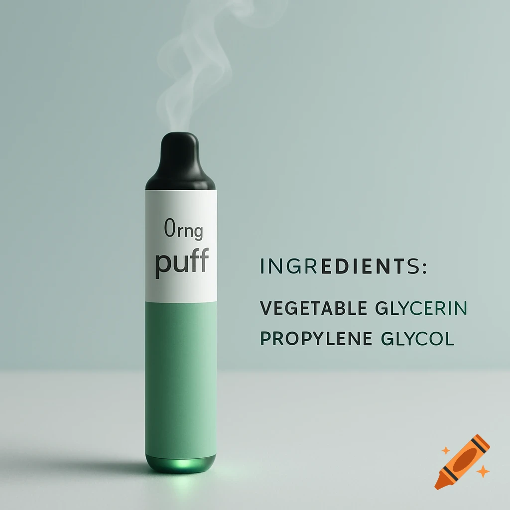 A green and white cylindrical vape pen emitting soft vapor, with '0rng puff' on its label and ingredients listed next to it, in a clean, modern style.
