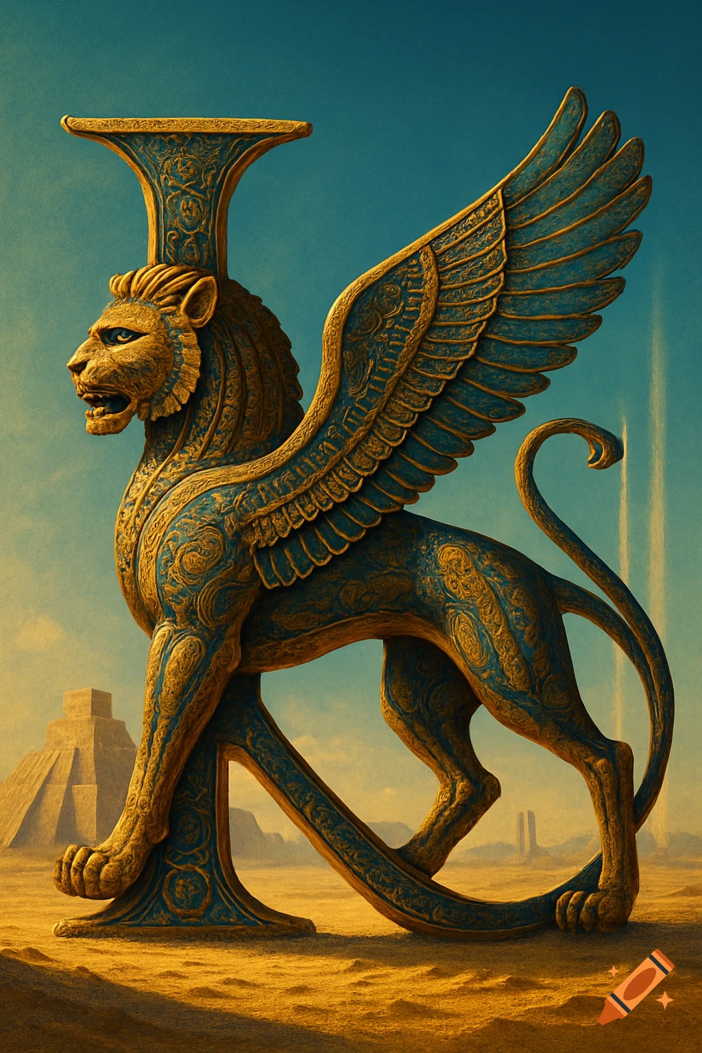Ornate golden and blue Babylonian winged lion sculpture in the shape of the letter K, standing in a desert landscape.