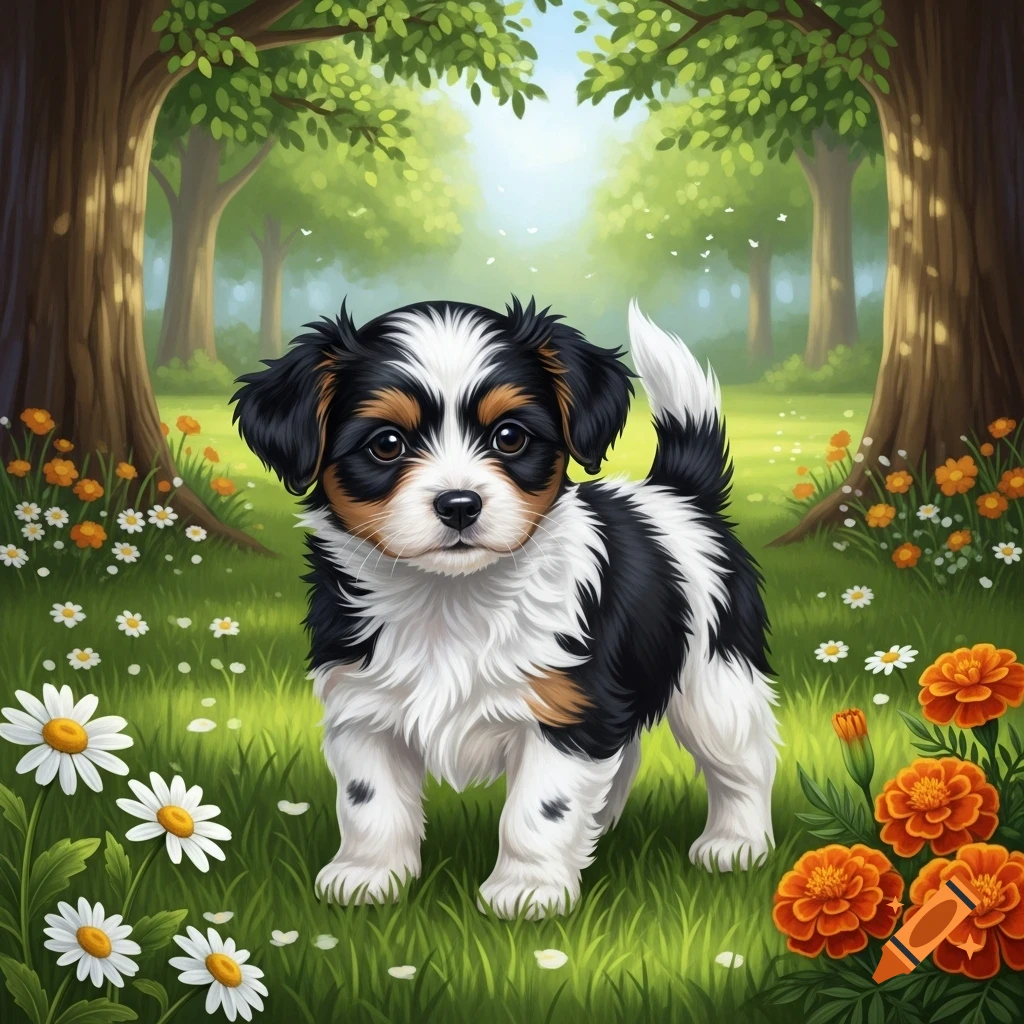 A cute black, white, and brown puppy stands in a vibrant grassy field with flowers and trees, rendered in an illustration style.