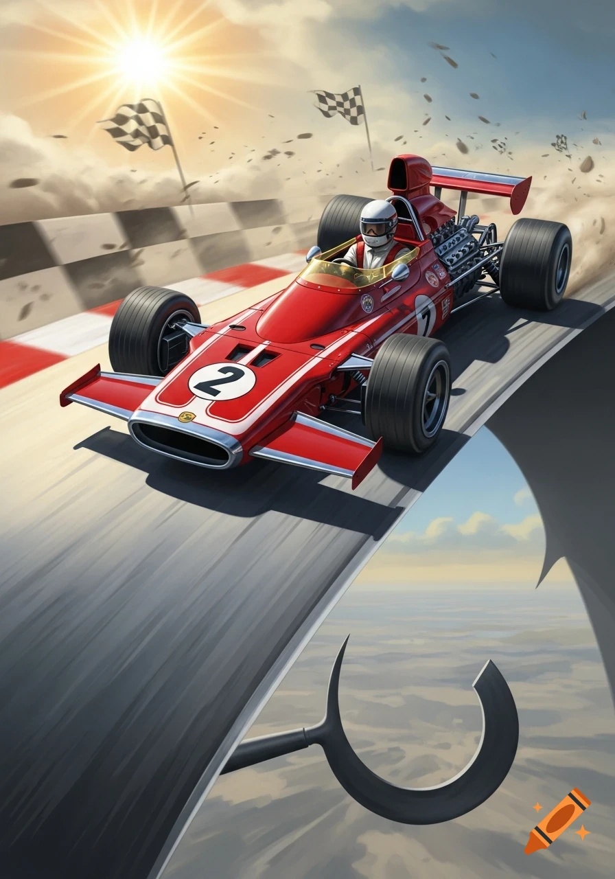 A red 70s Formula 1 car with number 2 races on a giant sickle blade, under a bright sun with checkered flags.