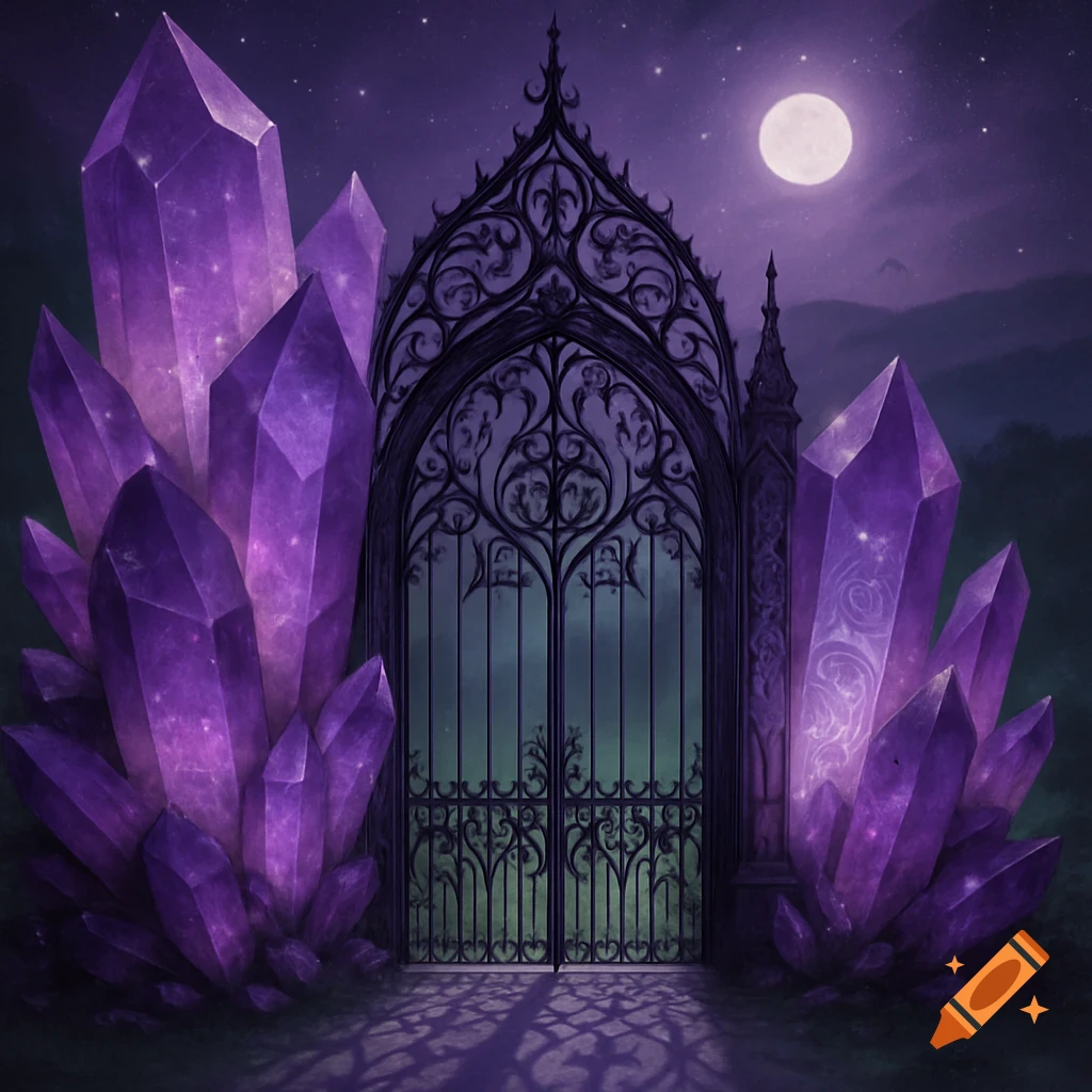 A gothic archway gate flanked by glowing purple amethyst crystals under a full moon and starry night sky.