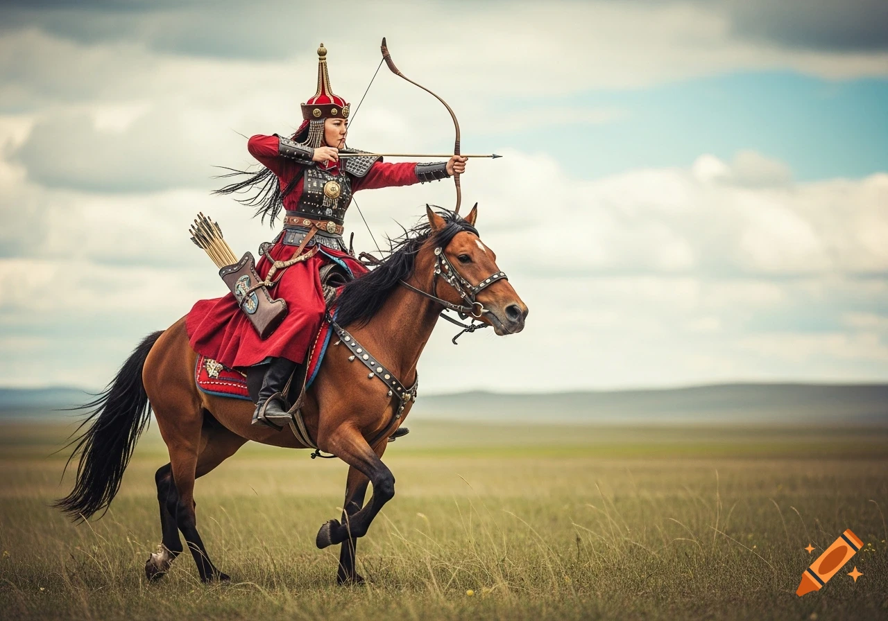 A Mongol woman warrior in a red deel robe and boqta headdress rides a horse at gallop across grasslands, drawing a bow. Photorealistic.