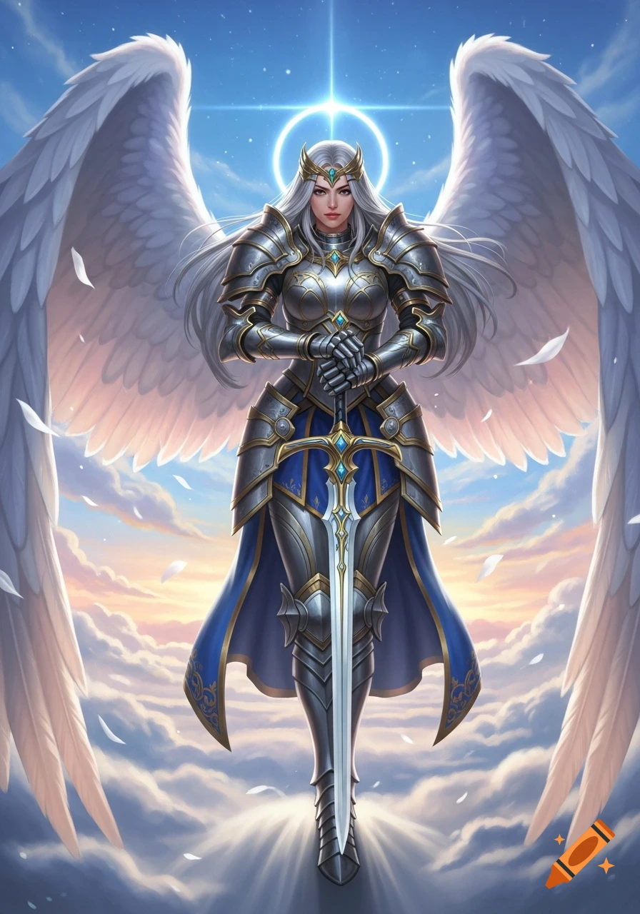 A majestic knight angel woman with long white hair and large feathered wings stands among clouds, holding a sword.