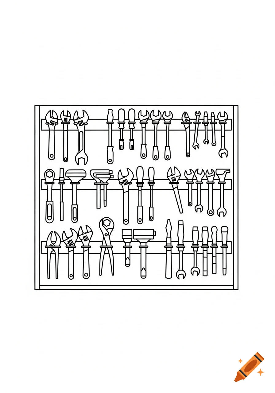 Minimalistic line art pictogram of various workshop tools arranged in rows on a wall.