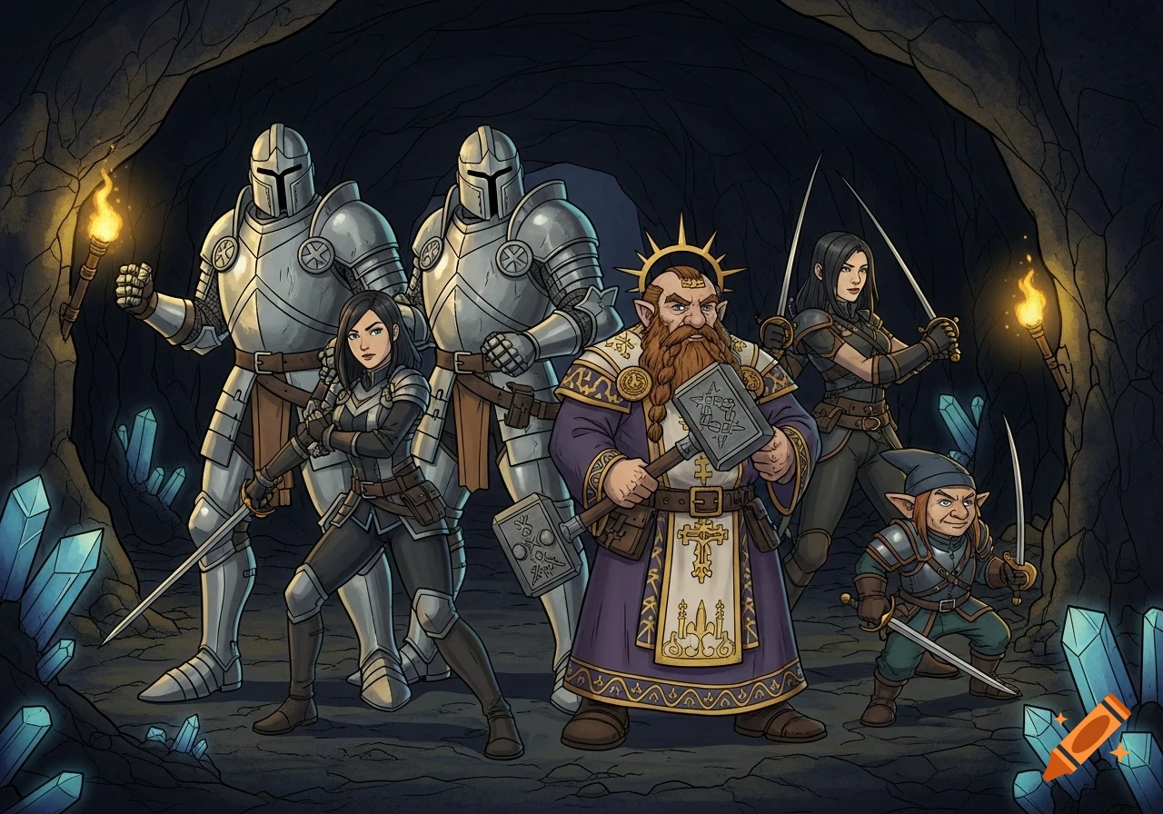 A team of fantasy adventurers including paladins, rogues, a dwarf priest, and a gnome rogue in a dark, crystal-filled mine, animated style.