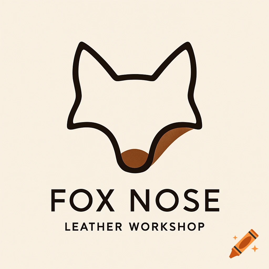 A minimalist logo featuring a stylized fox head outline with a brown nose, and the text 'FOX NOSE LEATHER WORKSHOP'.