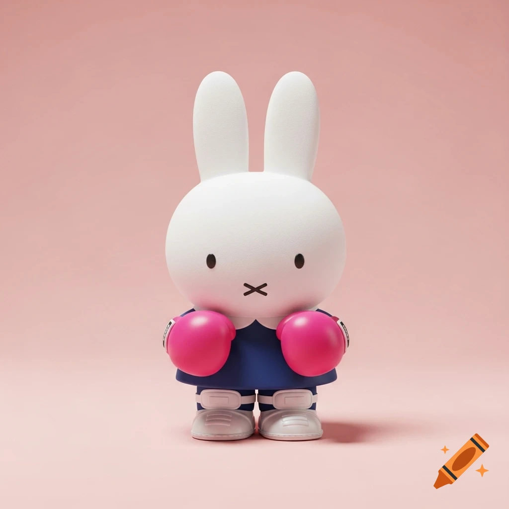 A white bunny character wearing a blue dress, white shin guards, and pink boxing gloves stands against a pink background.