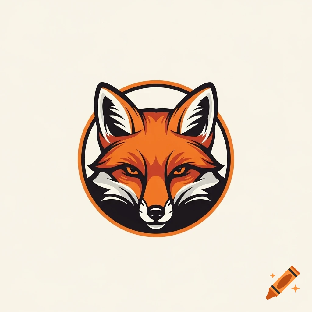 Vector emblem of an orange fox head with white and black accents, set within a black and orange circular frame.
