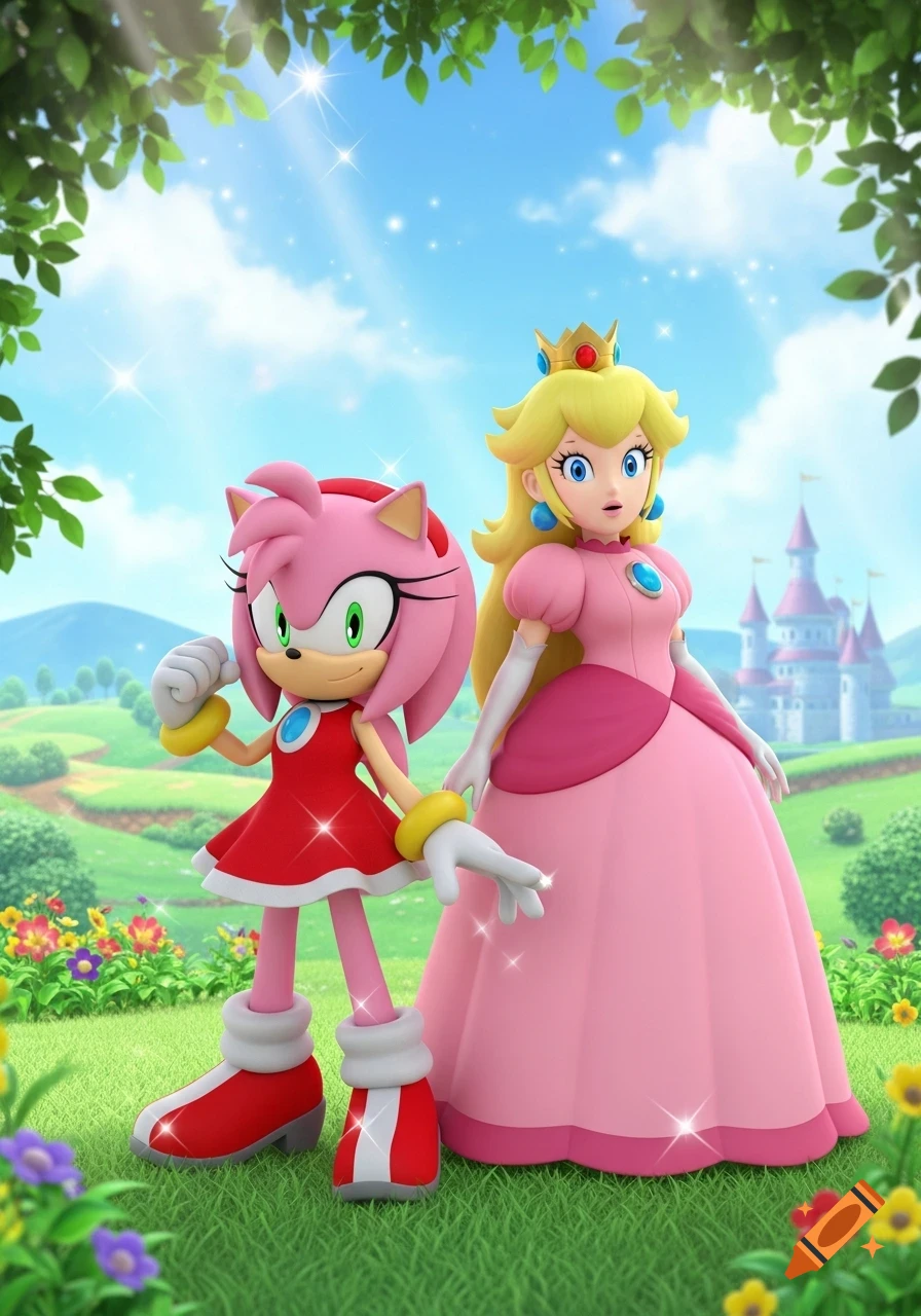 Amy Rose and Princess Peach stand in a vibrant 3D animated green landscape with flowers, a blue sky, and a castle in the background.