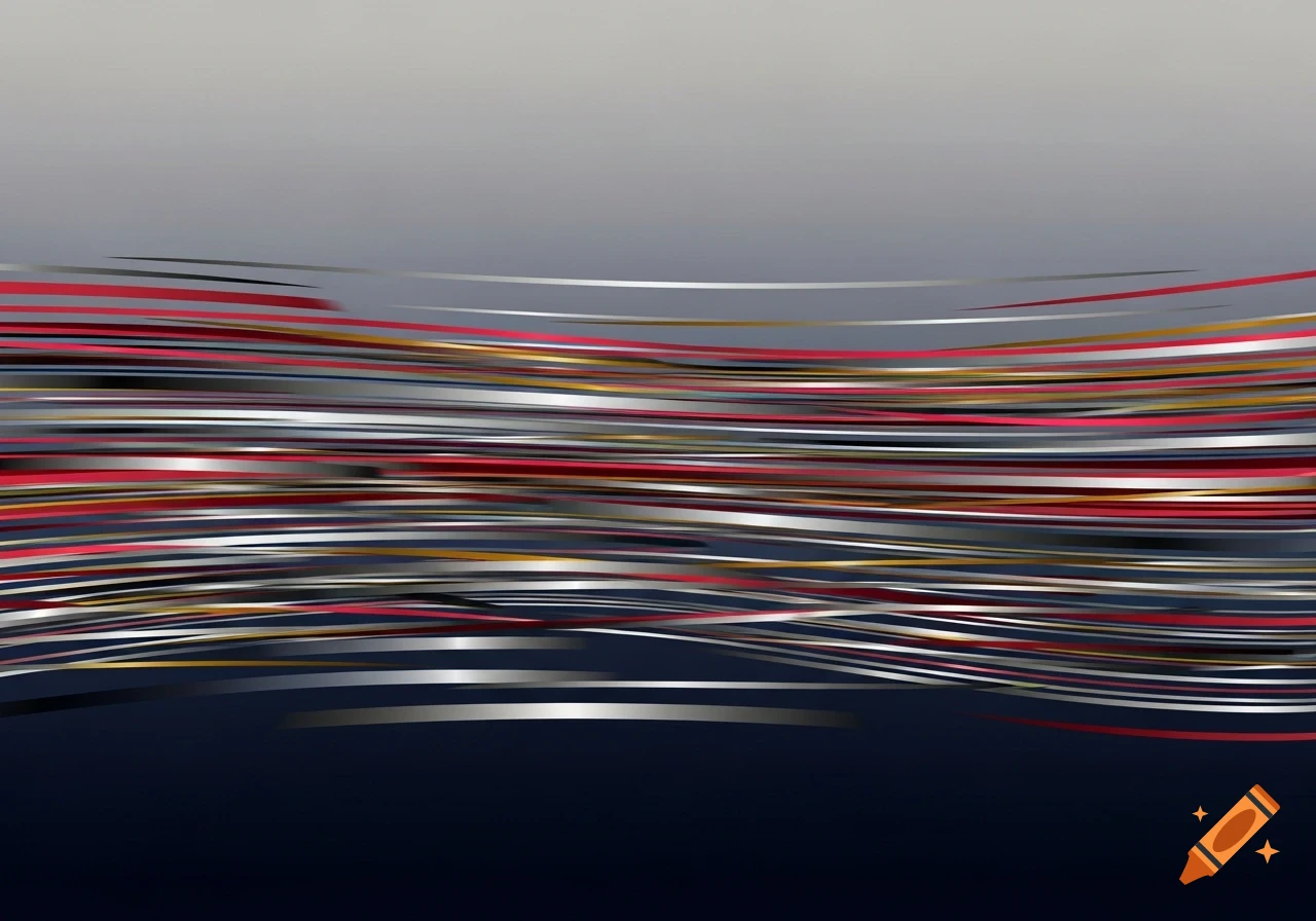 Abstract art with wavy horizontal lines in red, silver, gold, and dark blue on a gray to dark blue gradient background.