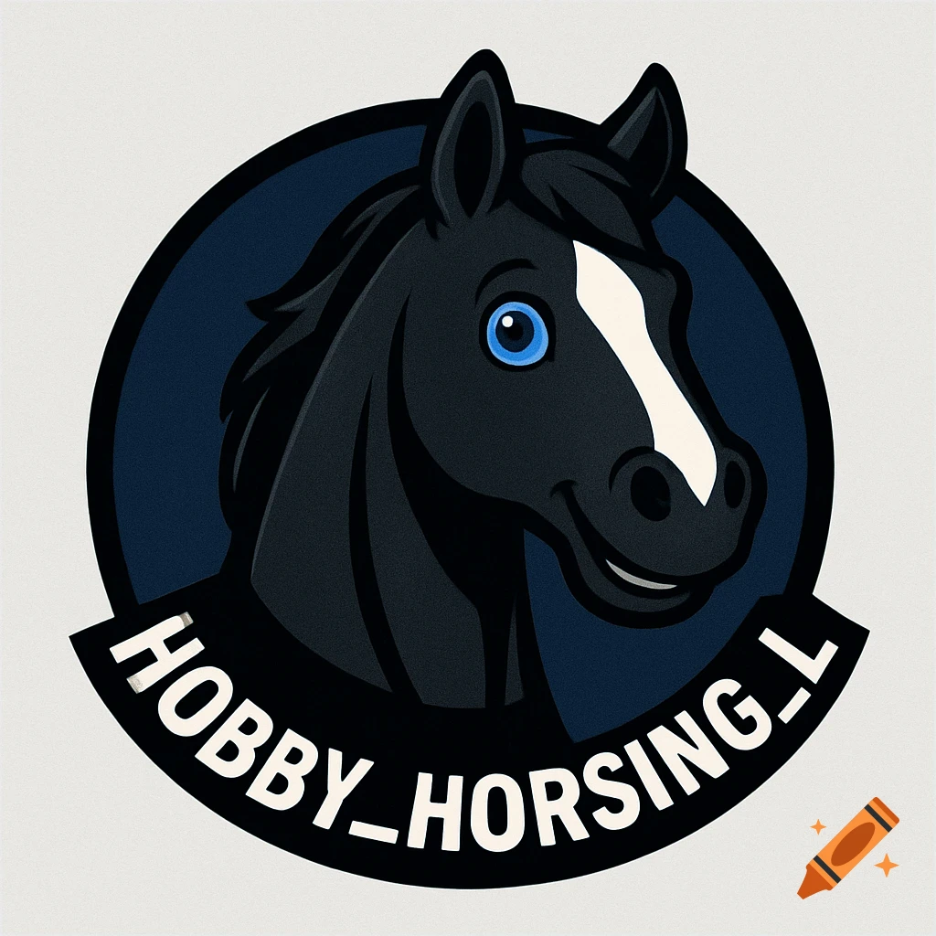 A cartoon-style black horse head logo with blue eyes and a white blaze, set in a dark blue circle, with 'HOBBY_HORSING_L' text below.