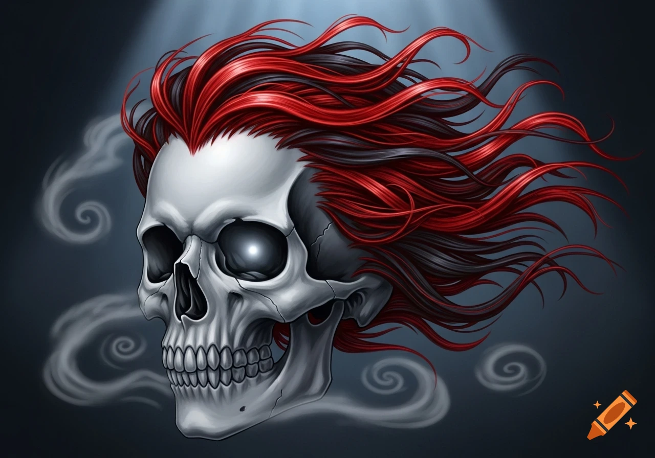 A stylized grey skull with glowing eyes and long, flowing red and black hair, surrounded by wisps of smoke.