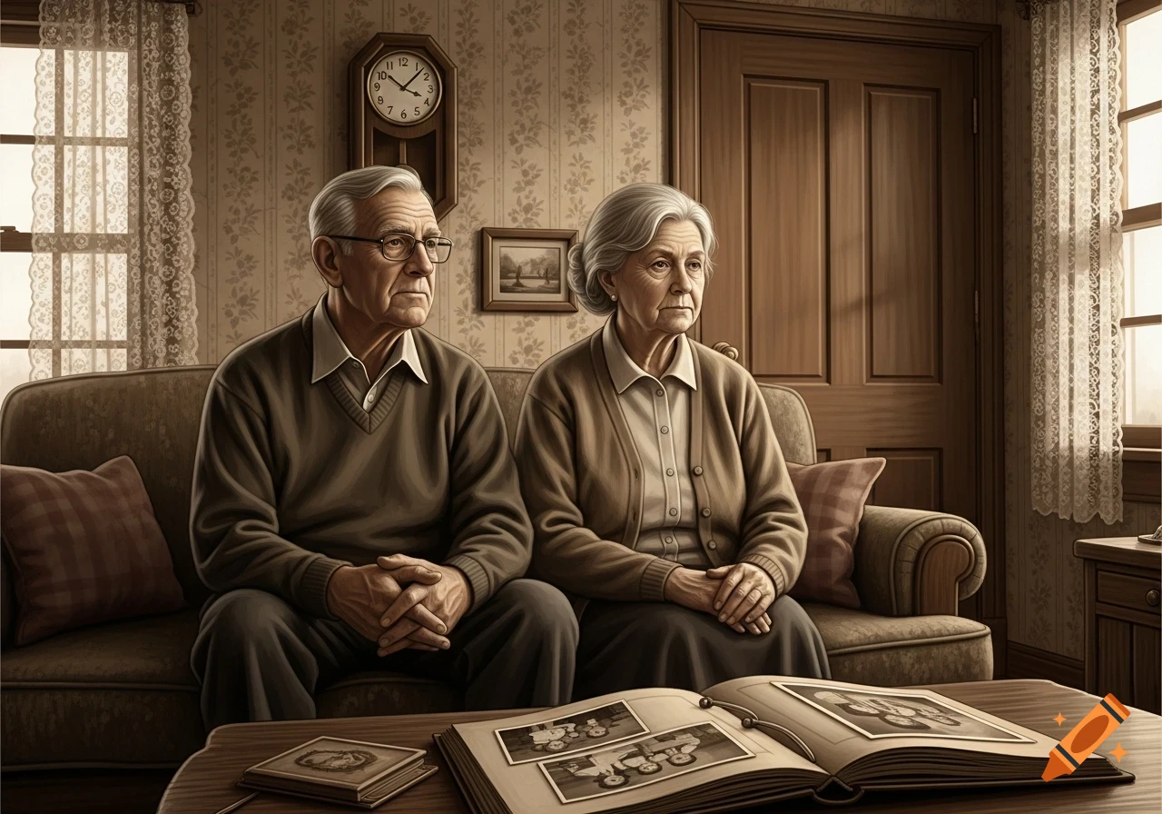 A pensive elderly couple sits on a couch in a vintage-style living room, with a photo album open on the table.