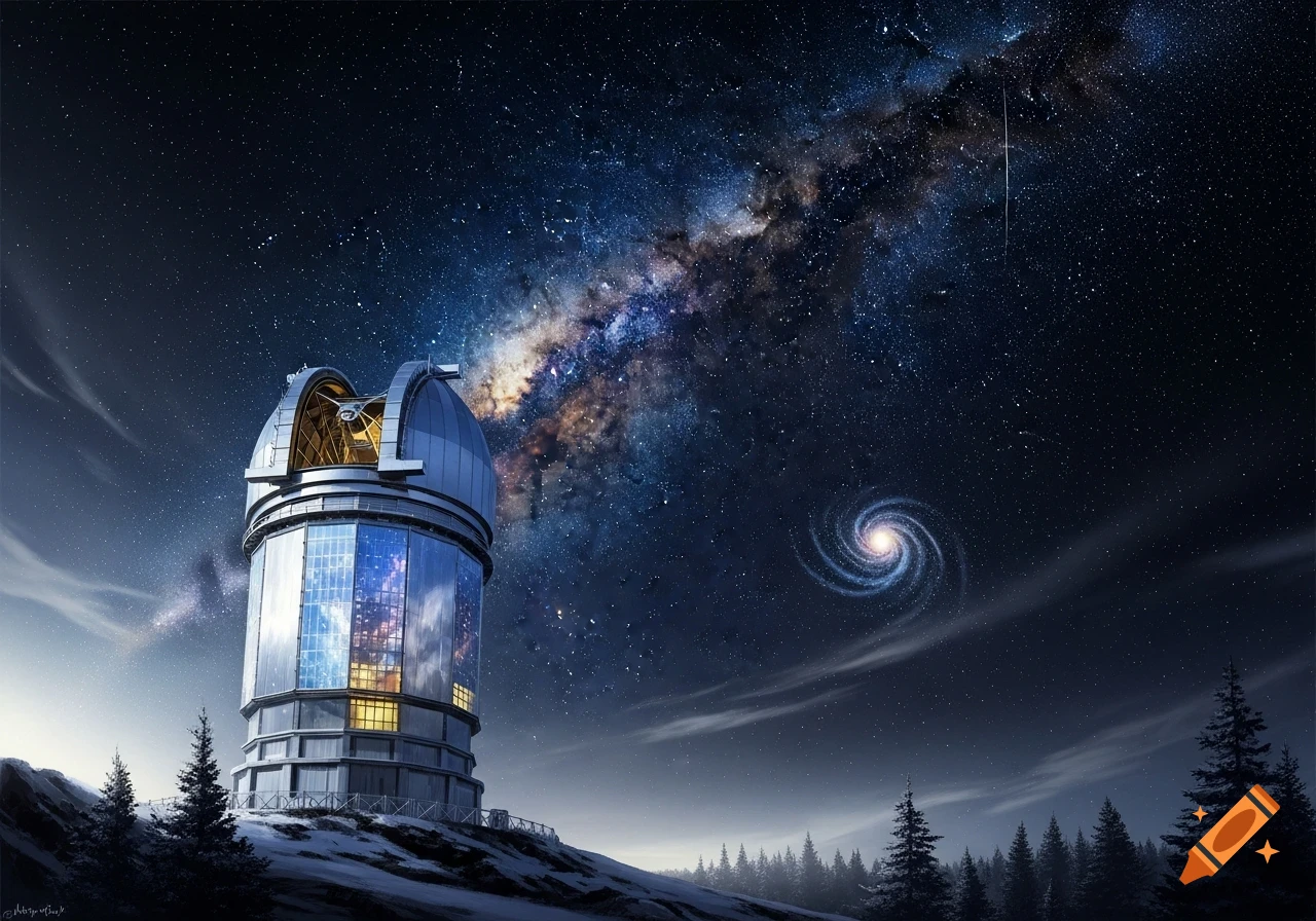 A futuristic observatory under a vibrant starry night sky with the Milky Way and a spiral galaxy visible.