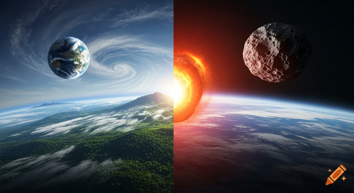 Split image of a vibrant, living Earth with mountains and clouds on the left and a catastrophic asteroid impact on a fiery Earth in space on the right.