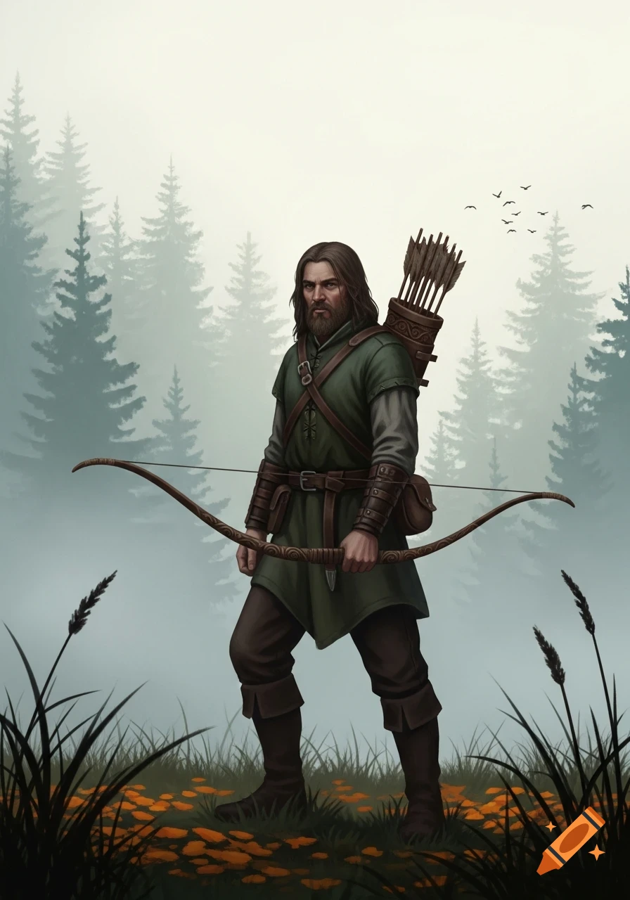A long-haired male archer in green and brown clothing stands holding a longbow in a misty forest clearing with orange flowers.