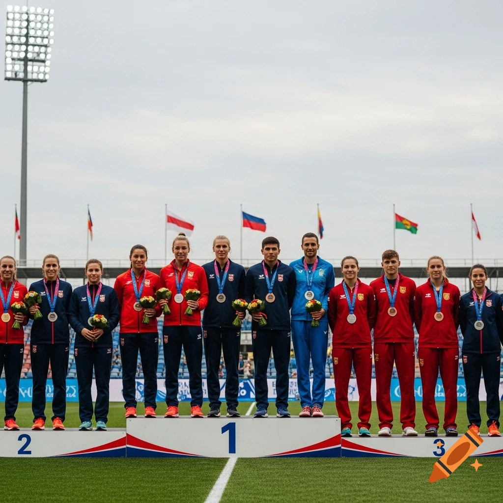 Group of diverse athletes in tracksuits standing on a three-tiered winner's podium with medals and bouquets under an overcast sky.