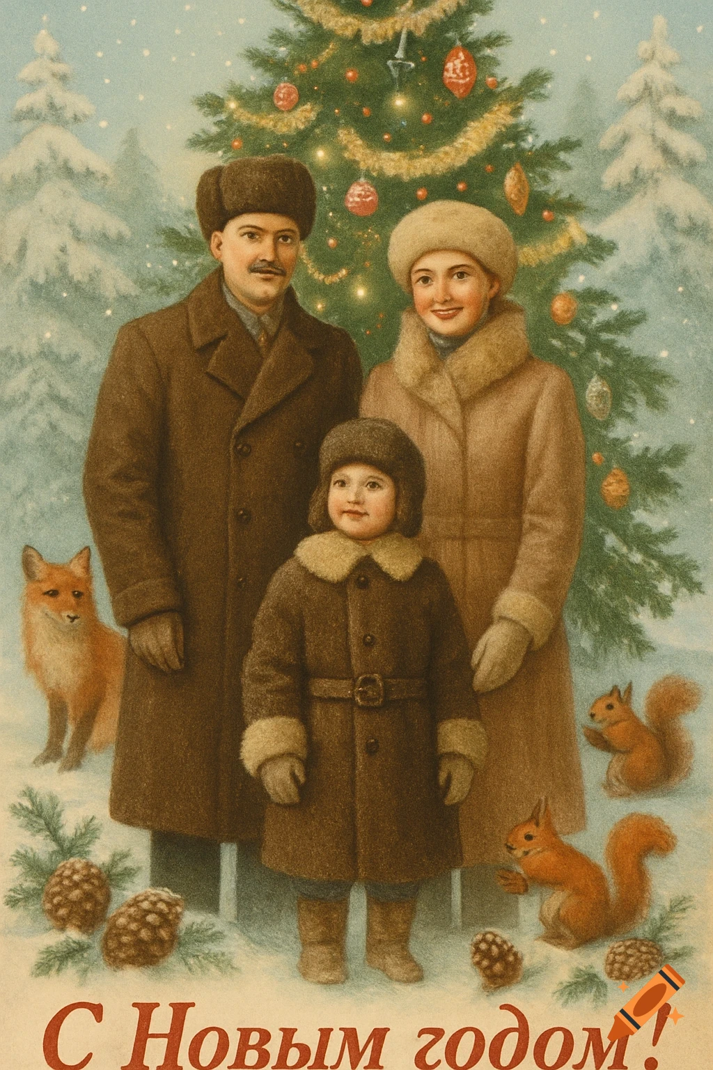 A vintage-style illustration of a family in winter coats and fur hats, standing in snow next to a decorated Christmas tree with a fox and squirrels. Cyrillic text reads "Happy New Year!"