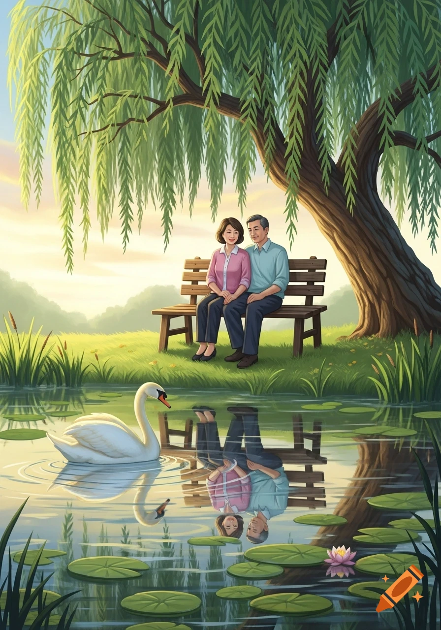 An elderly Asian couple sits on a park bench under a weeping willow tree by a pond, watching a white swan swim among lily pads. Illustration style.