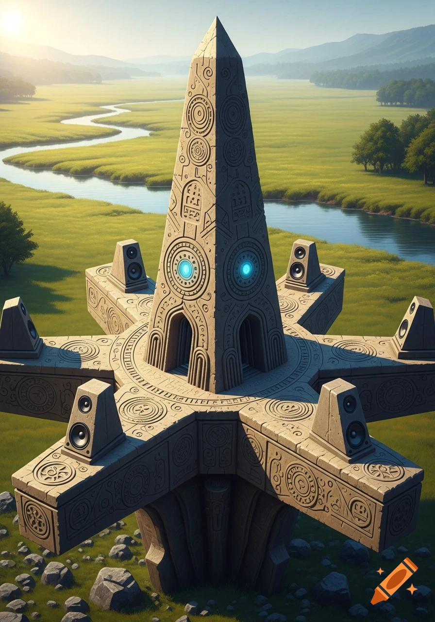 An alien-like geometric stone structure with stereo speakers on its ...