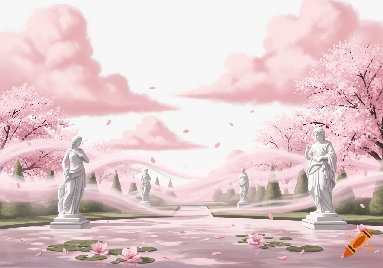 A dreamlike garden with classical statues, pink cherry blossoms, flowing pink mist, and water lilies in a pond, under pink clouds.