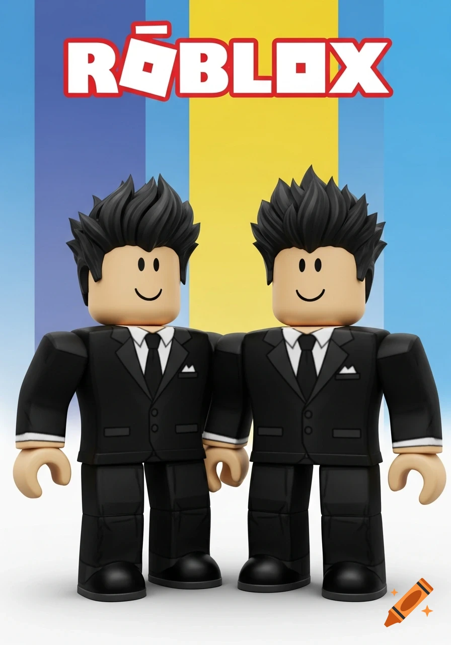 Two Roblox-style characters with black messy hair wearing black suits against a blue and yellow background with the Roblox logo.
