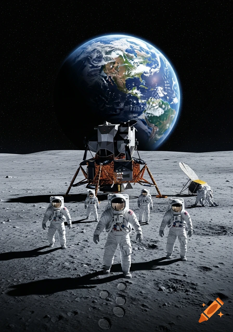 Five astronauts stand on the moon's surface near a lunar lander with Earth visible in the dark sky.