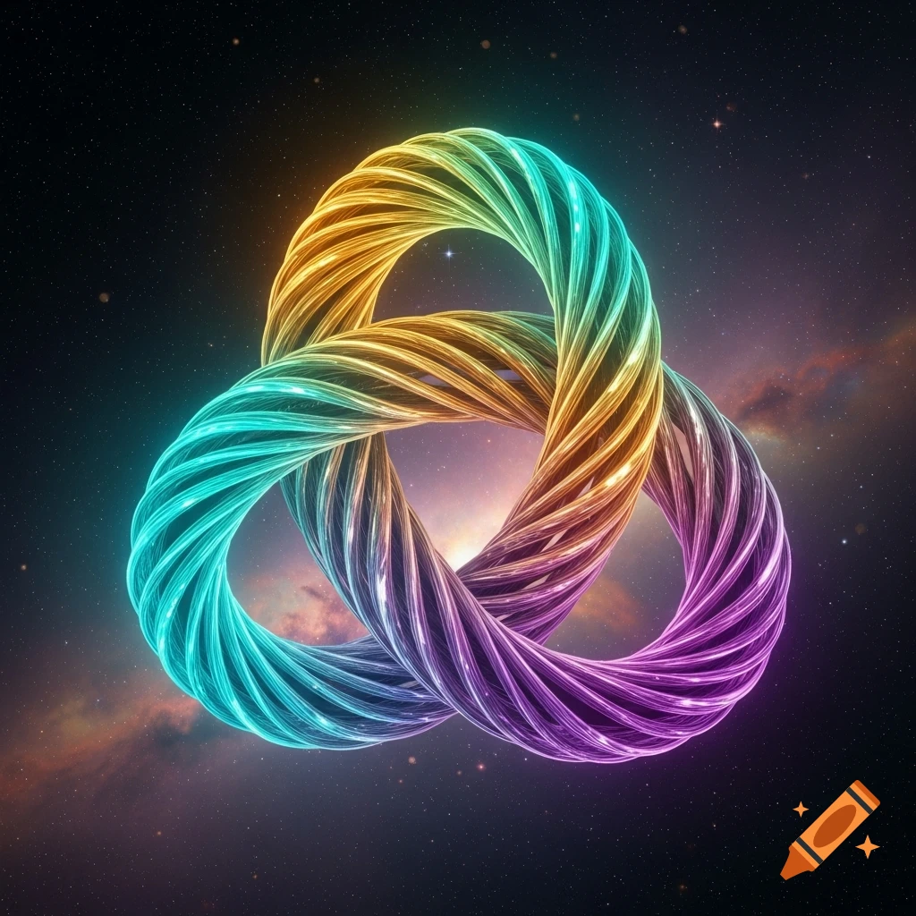 A vibrant, glowing trefoil knot in shades of teal, gold, and purple, intertwined against a dark starry cosmic background.