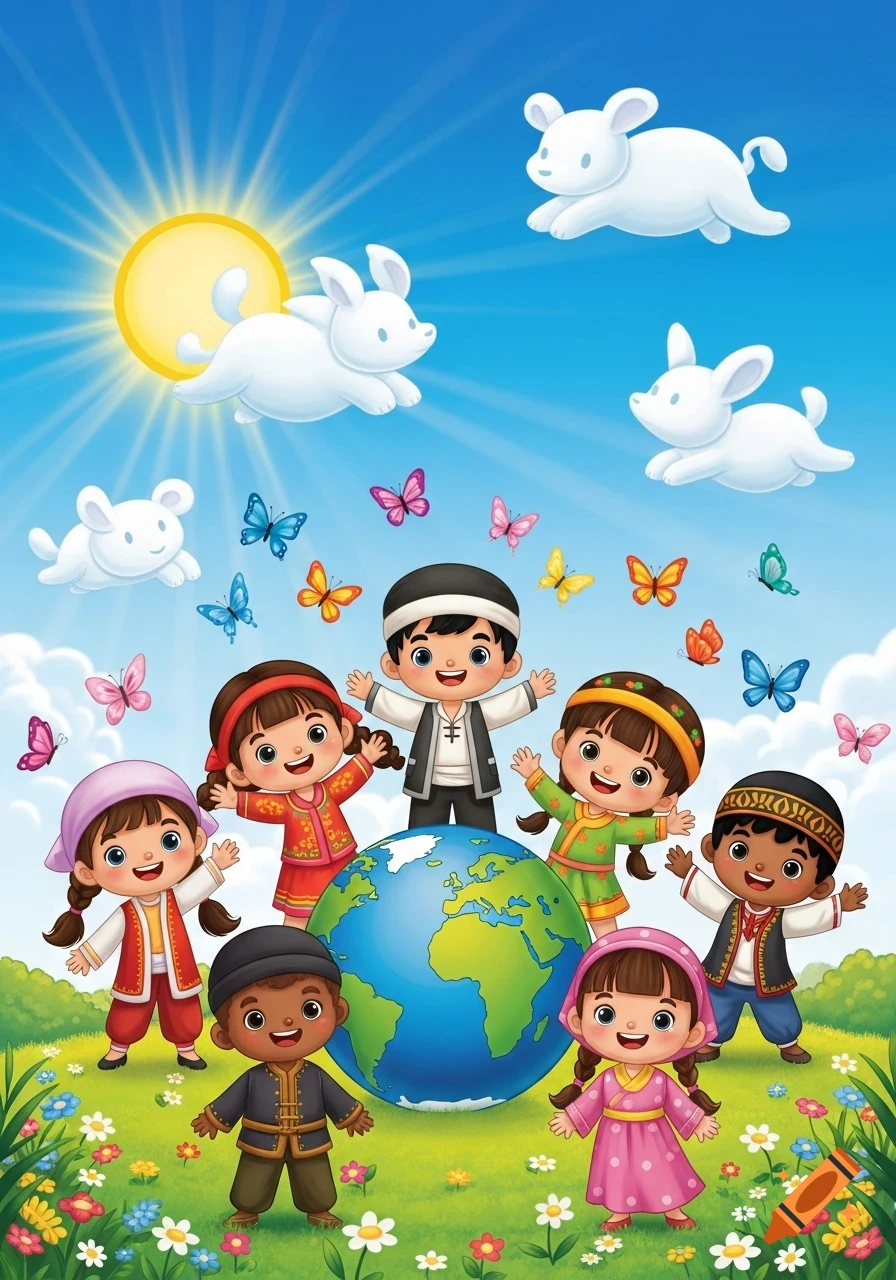 Smiling cartoon children in traditional clothes gather around a globe in a sunny field with flowers, butterflies, and rabbit-shaped clouds.