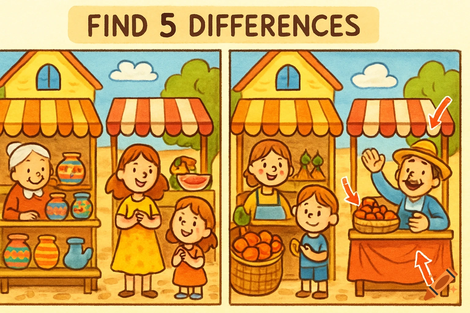 A hand-drawn cartoon 'Find 5 Differences' puzzle showing two side-by-side market scenes with vendors and customers.