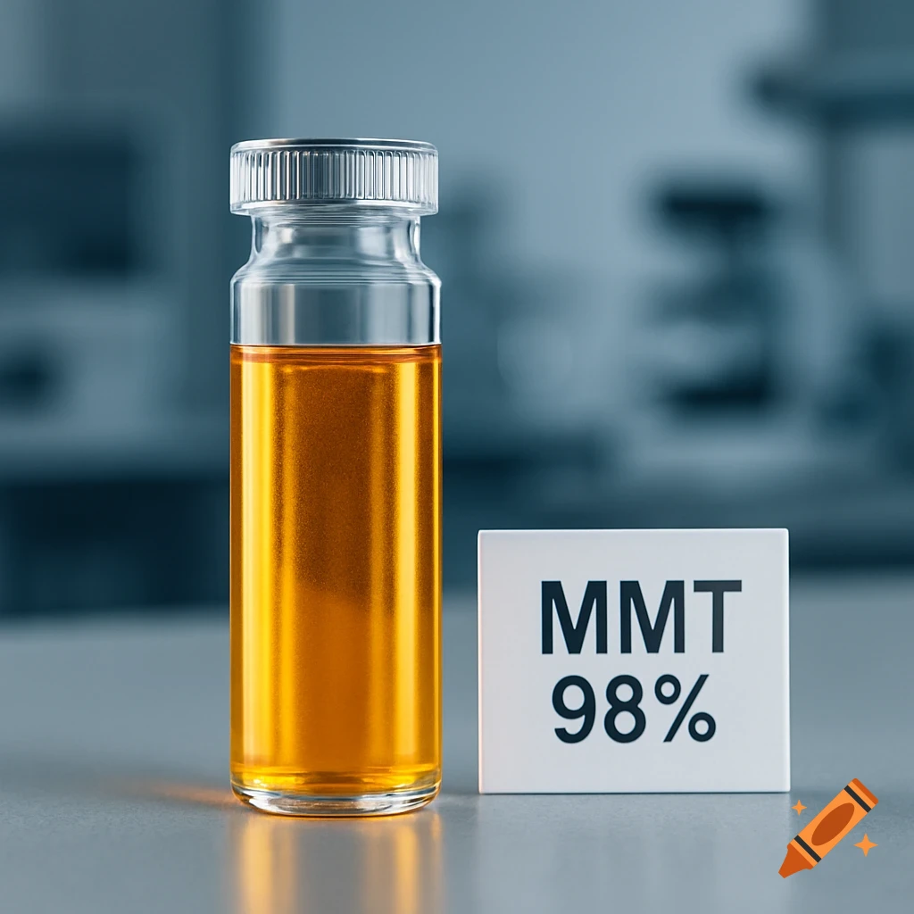 A transparent glass vial with orange-yellow MMT liquid, next to a white block labeled "MMT 98%", on a modern lab counter.
