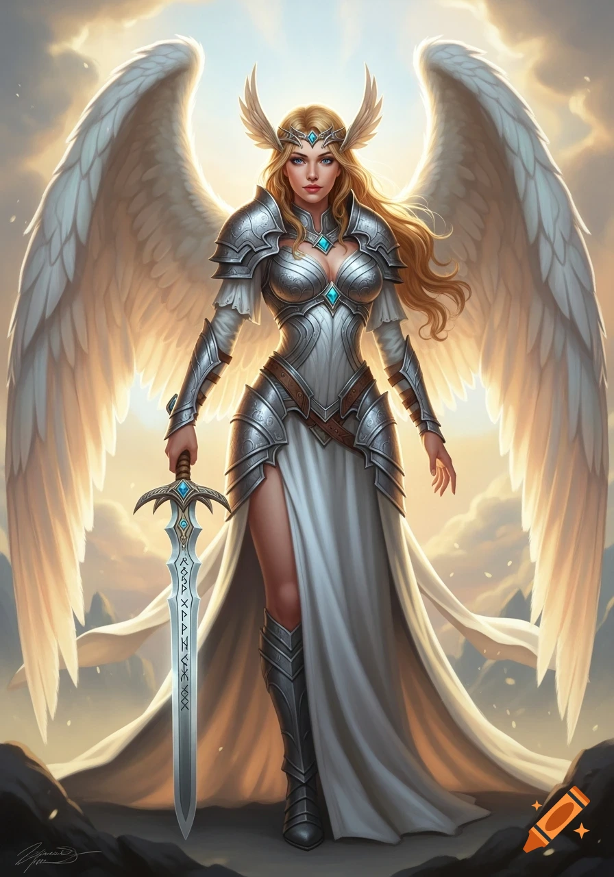 A majestic blonde angel warrior in silver armor and a white gown stands holding a glowing sword against a heavenly sky with large white wings.