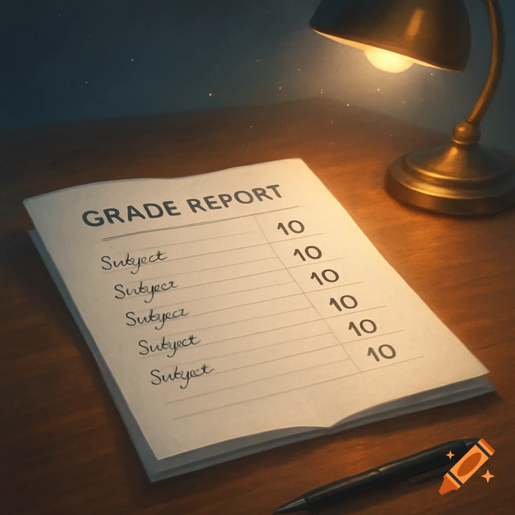 A close-up of a grade report showing "GRADE REPORT" and multiple "10"s, on a wooden desk illuminated by a brass table lamp. A black pen rests nearby.