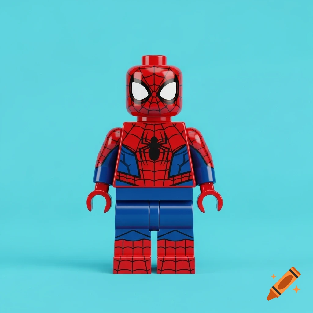 A red and blue brick-style superhero toy figure with a spider emblem on its chest, standing on a solid cyan background.